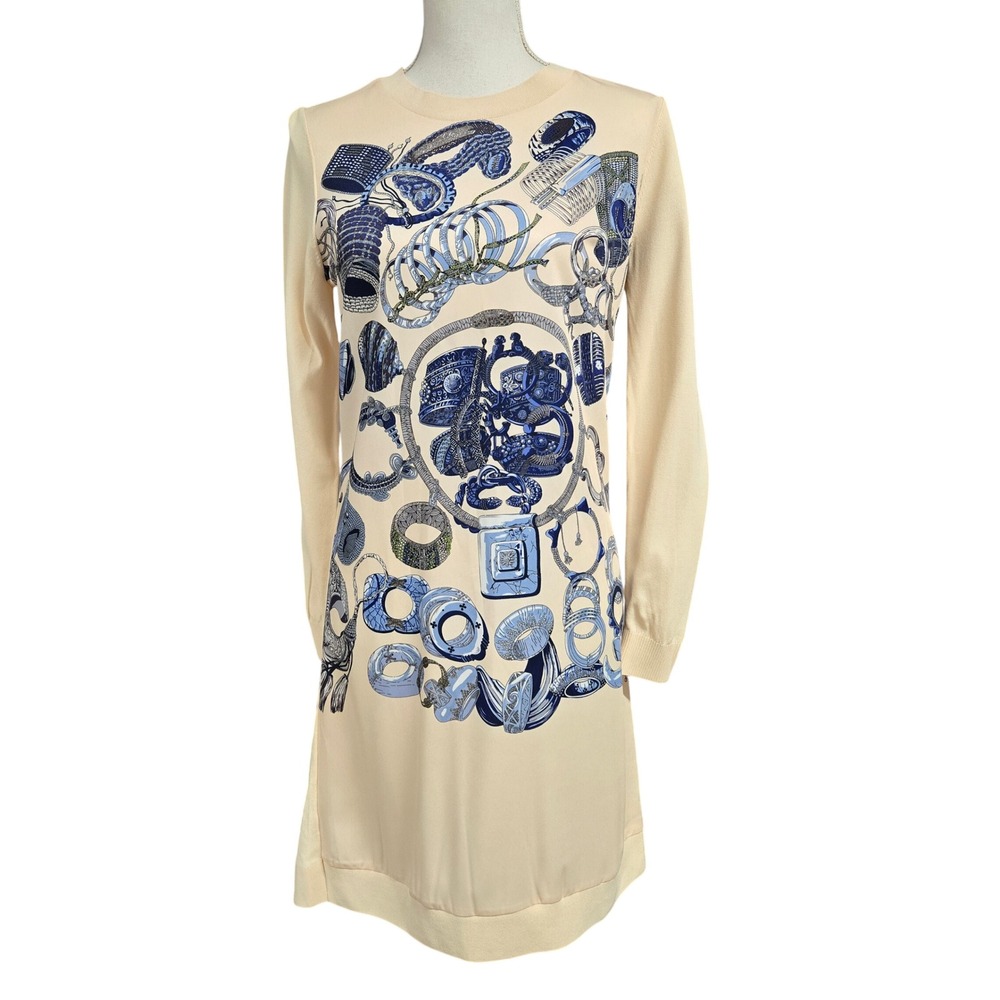 Women's Silk Merino Wool Knit Long Sleeve Graphic Print Dress Cream Blue Sz M